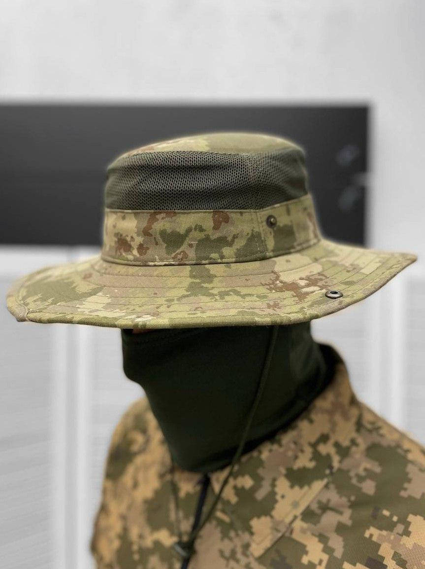 

Панама тактическая армейская военная. Панама с вставкой из сетки шнурком и застежкой. Панама армейская летняя, Оливковый