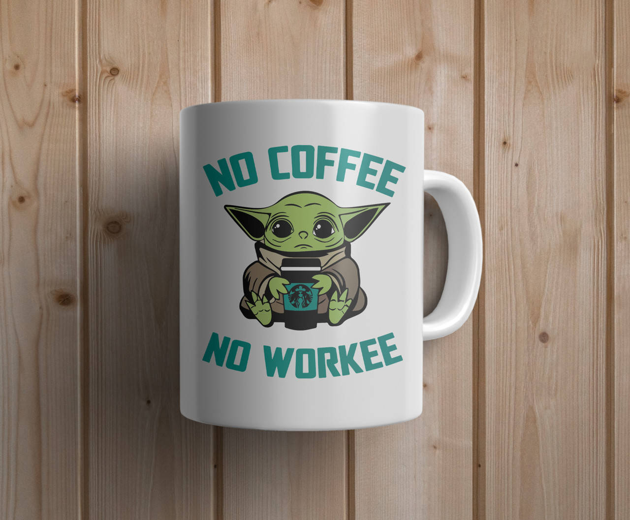 

Кружка с принтом бейби Йода "No coffee, no workee" (330 мл), Белый