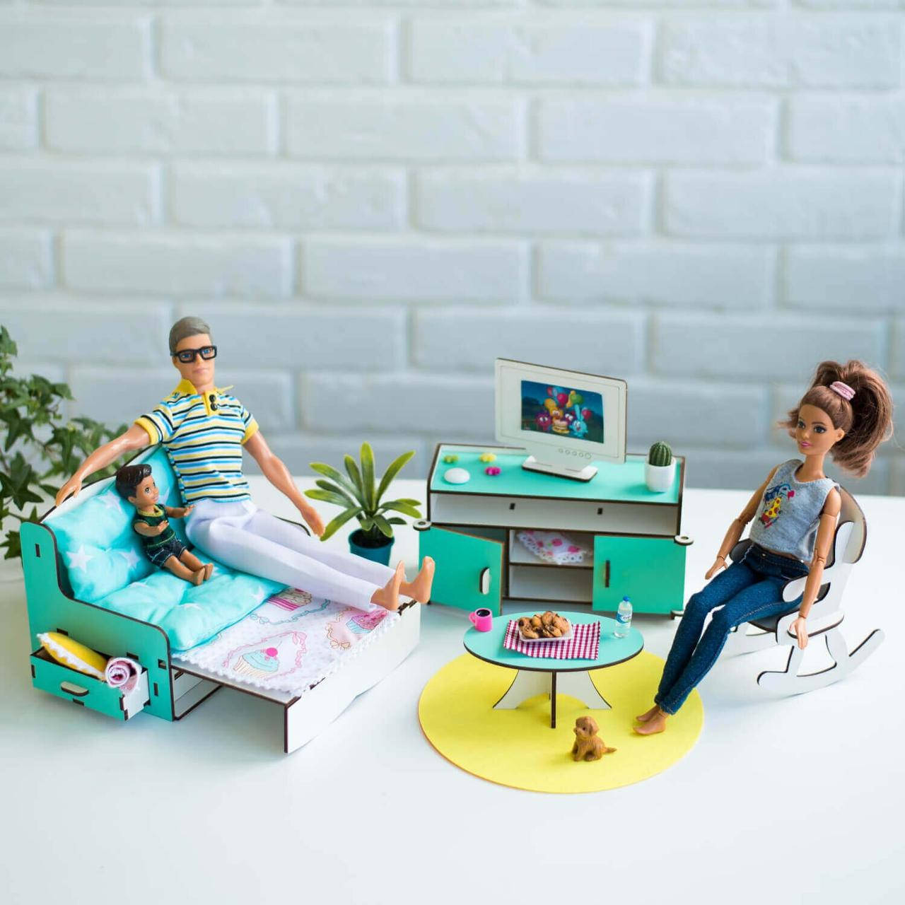 

"Гостиная" набор кукольной мебели NestWood для Барби, бело-мятная