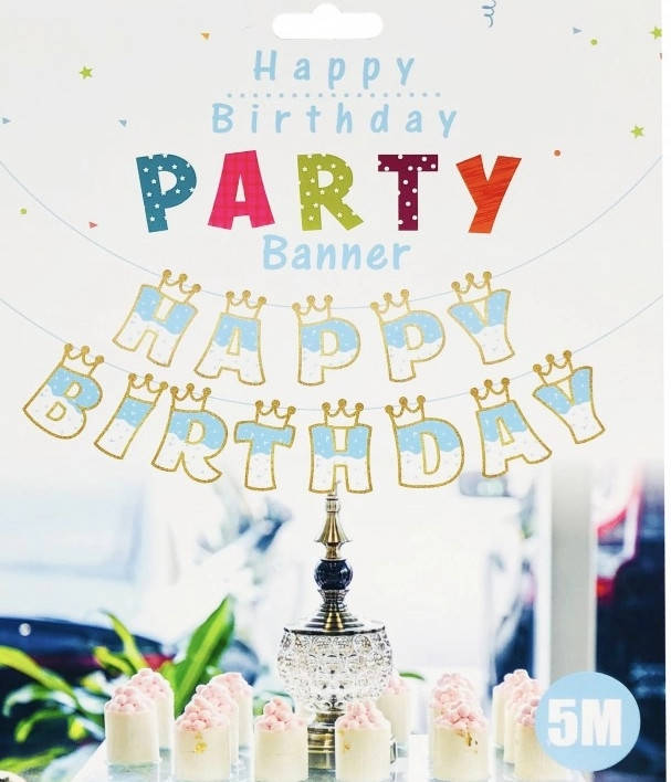 

Гірлянда прапорці "Happy Birthday Корони". Колір Бiло-Блакитний. Довжина 5м.