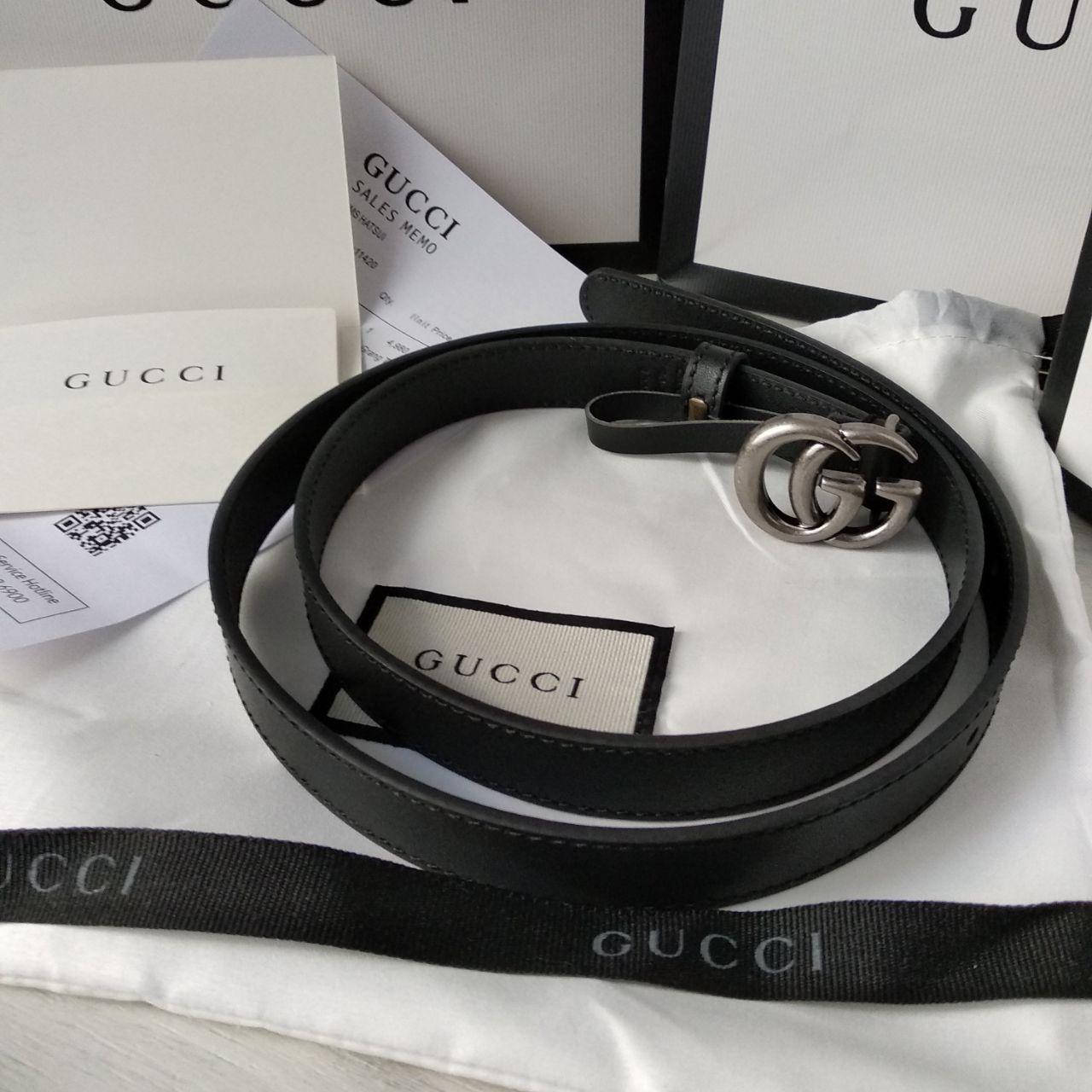 

Ремень Gucci кожаный узкий, 2 см, черный с серебряной пряжкой в коробке