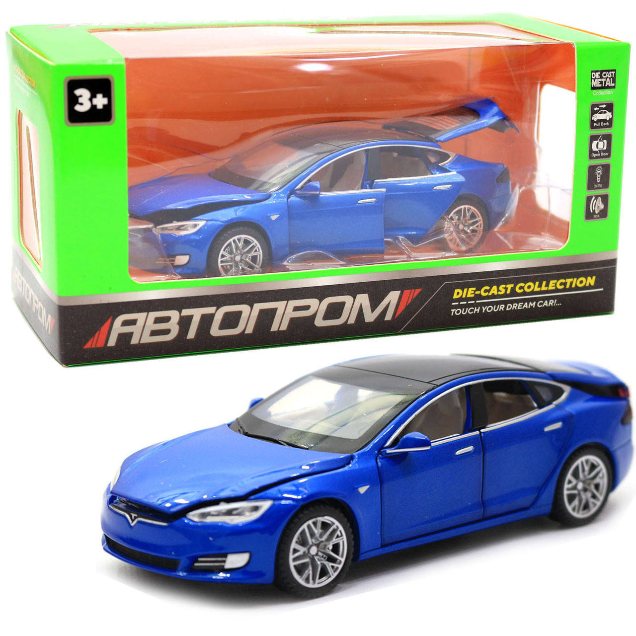 

Машинка игровая автопром Tesla металл, 14, синий, свет, звук, двери открываются (6614)