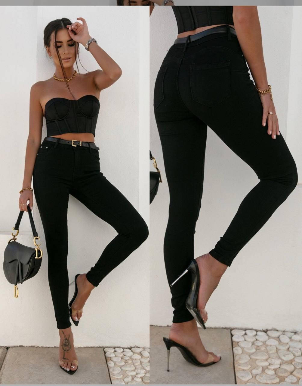 

Женские штаны (бенгалин джинс) чёрные, застёгиваются на пуговицу + молния, удобна посадка, Черный