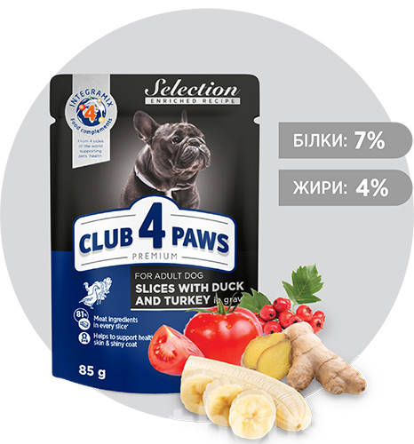 

Влажный корм Club 4 Paws (Клуб 4 Лапы) Премиум Селекшн с уткой и индейкой в соусе 85 г