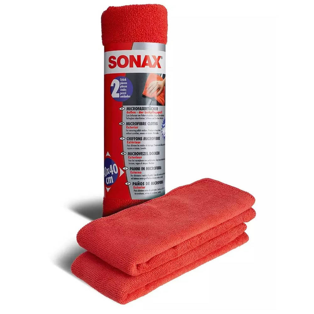 

Набор салфеток из микрофибры для кузова красная SONAX Microfibre Cloths Outside 2 шт 40х40 см (416241)