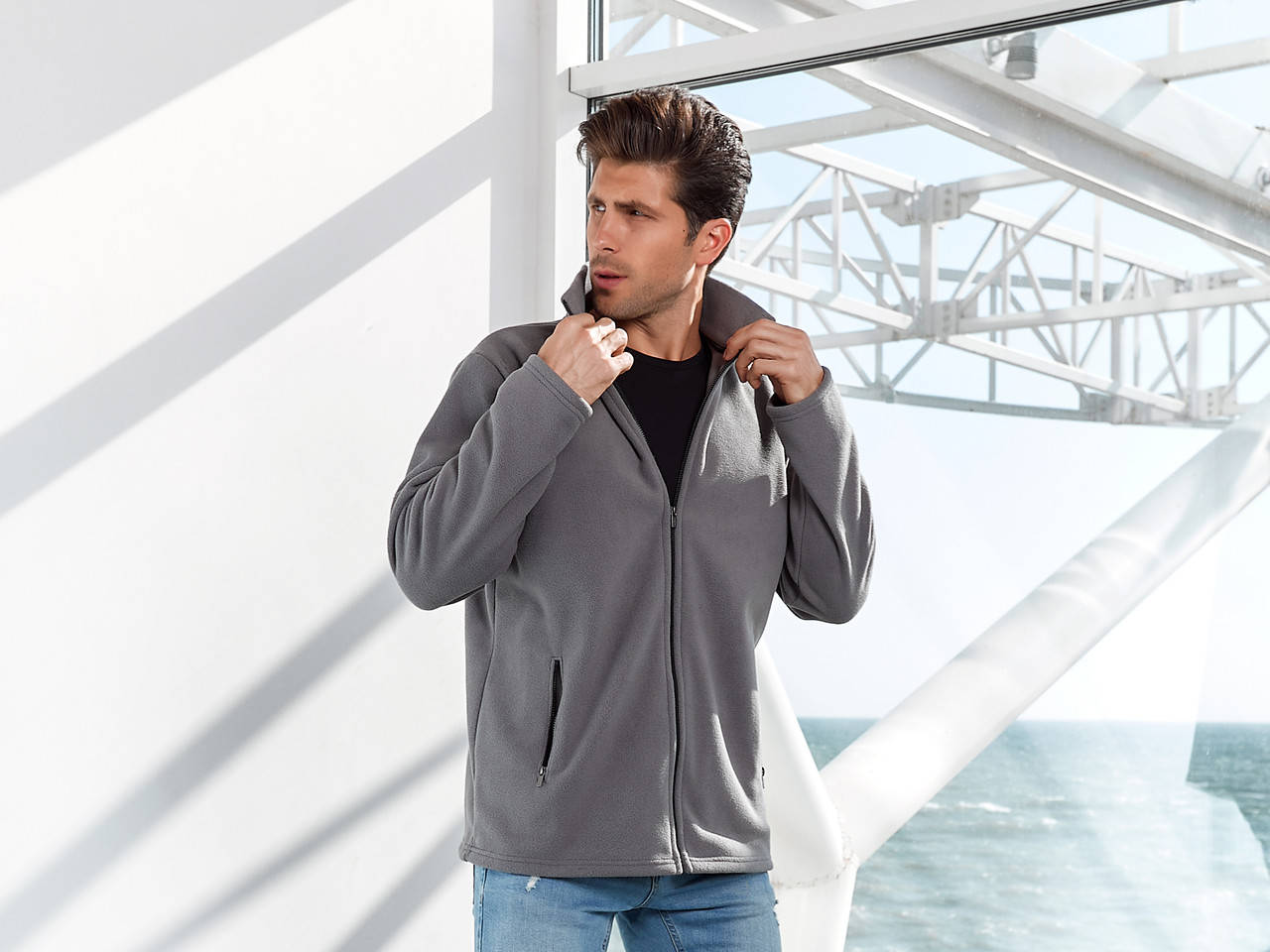 

Теплая флисовая кофта толстовка мужская теплая, Светло-серый