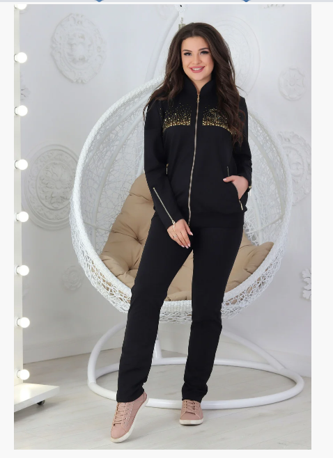 

Р-р 48, 50, 52 ,54 ,56, Демисезонный Женский костюм со стразами, черный 56(XXXXL)