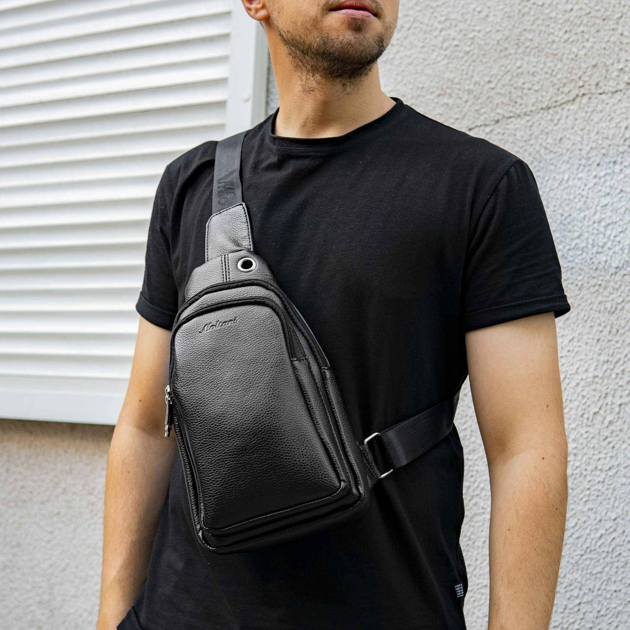 

Мужская кожаная нагрудная сумка слинг через плечо Moltani (одно лямочная), Черный