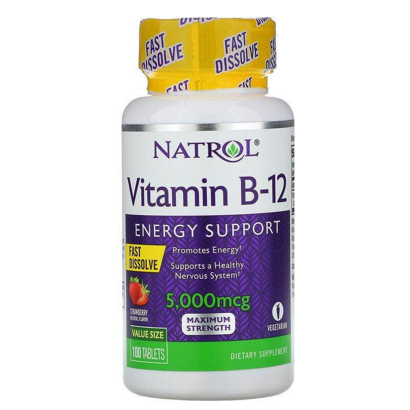 

Витамин В12, вкус клубники, Vitamin B-12, Natrol, 5000 мкг, 100 таблеток