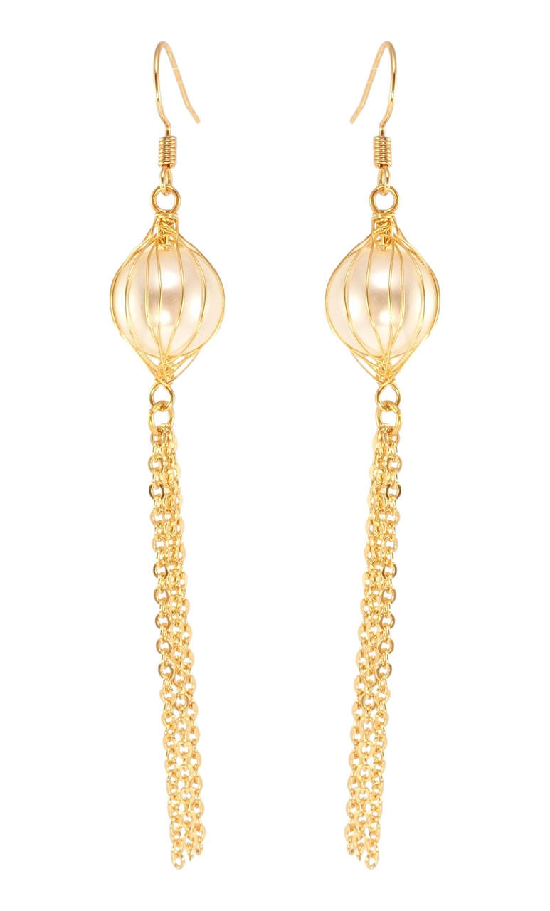 

Серьги Xuping QQMM Позолота 18K французский замок "Жемчужины в проволоке с подвесками цепочками"