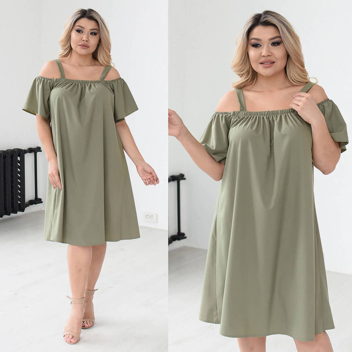 

Платье свободного кроя с открытыми плечами