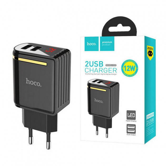 

Зарядное устройство с LCD дисплеем от сети Hoco C39А, Блок питания 2 USB, Сетевой зарядный блок 2.4А, Черный