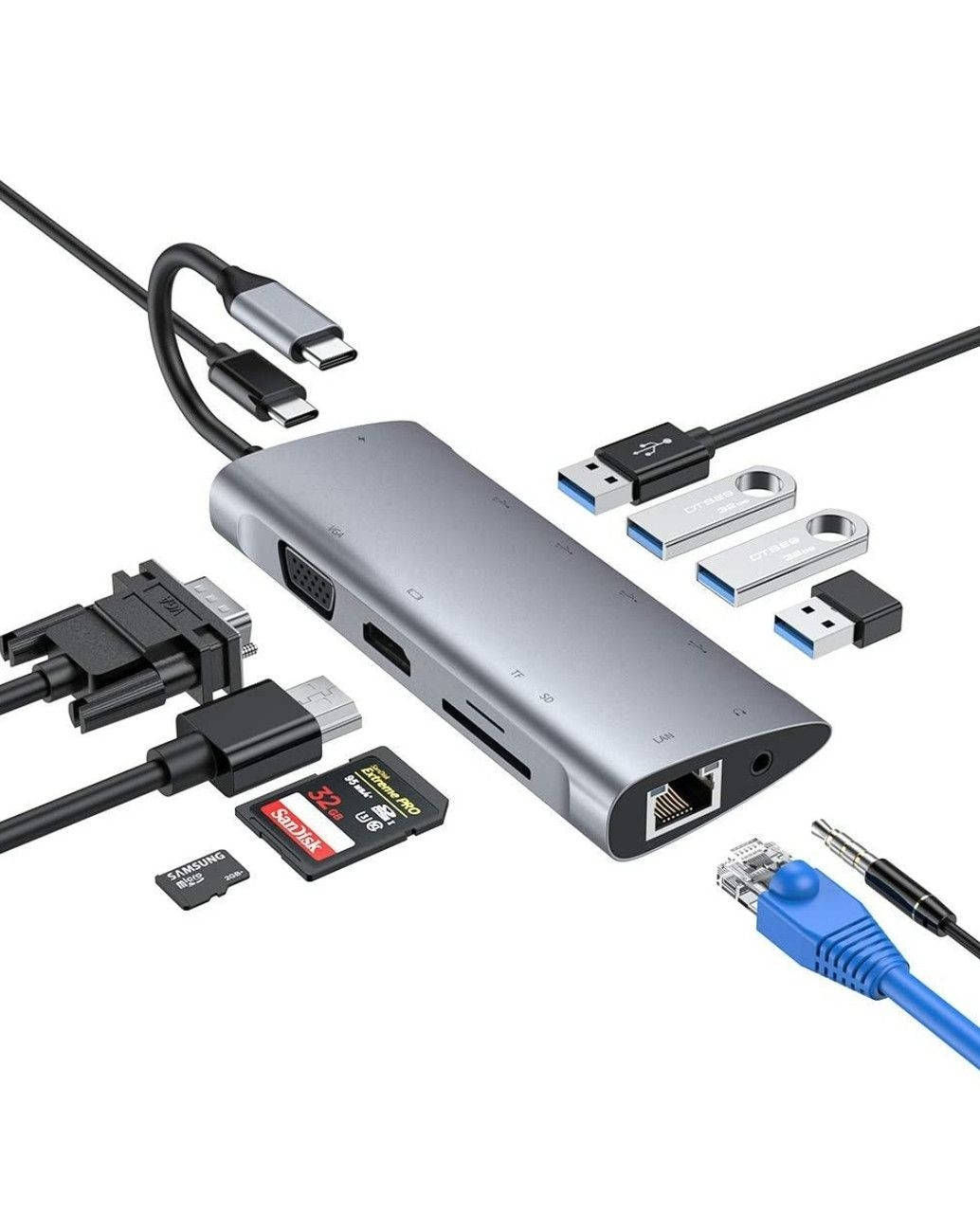 

Концентратор USB C, адаптер 11 в 1 типа C с Ethernet, кард-ридер SD