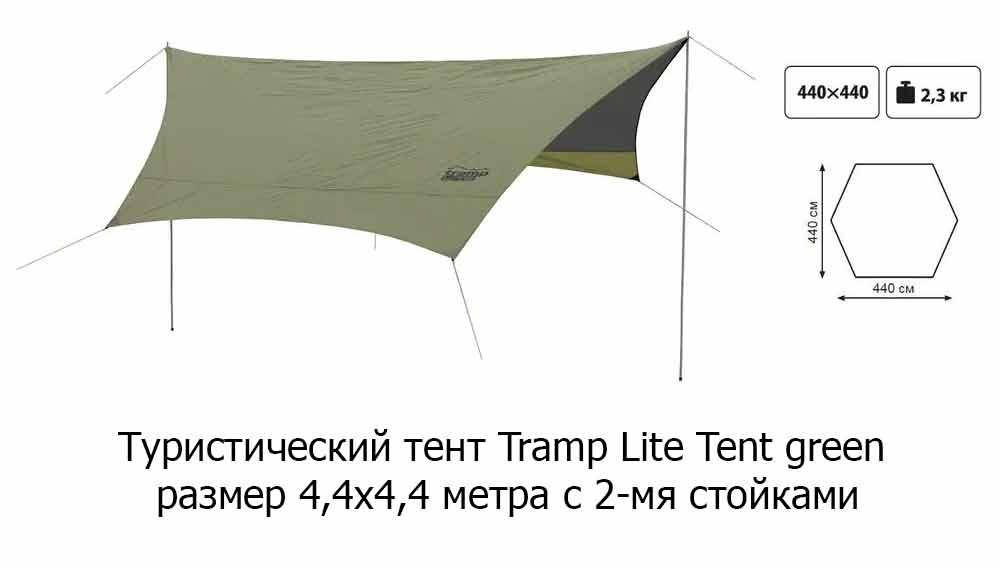 

Туристический тент Tramp Lite Tent green размер 4,4х4,4м с 2-мя стойками, Зелёный
