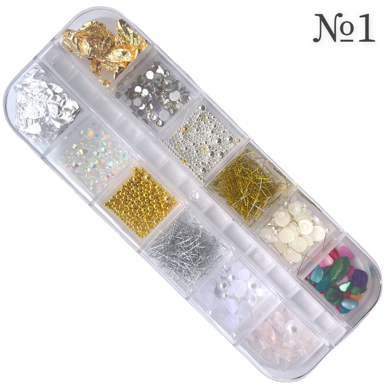 

Набор цветных украшений для дизайна и декора ногтей в пластиковом контейнере, 12шт./уп. Камни стразы, бусины, жемчуг №1, Разные цвета