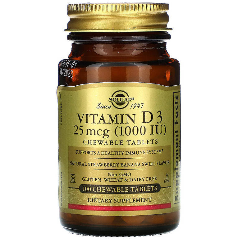 

Витамин D3, SOLGAR "Vitamin D3 (Cholecalciferol)" 1000 МЕ, вкус клубники с бананом (100 жевательных таблеток)