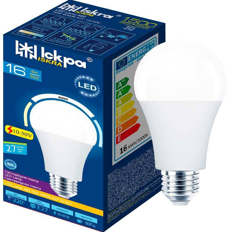 

Низковольтная светодиодная лампа 16W E27 4000K 10-50V A60 ИСКРА