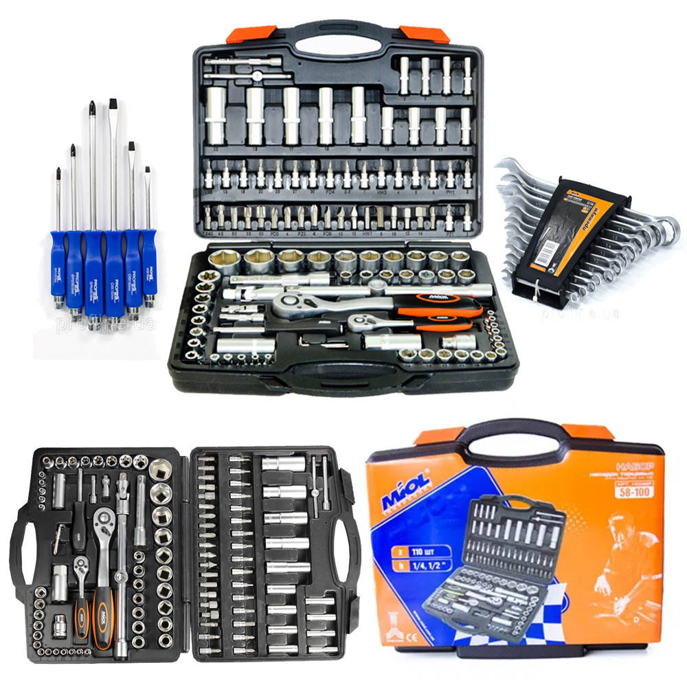 

Набор инструмента 110 ед. Miol 58-100+Набор ударных отверток 6 шт Sts-6006+Набор ключей Miol 51-710