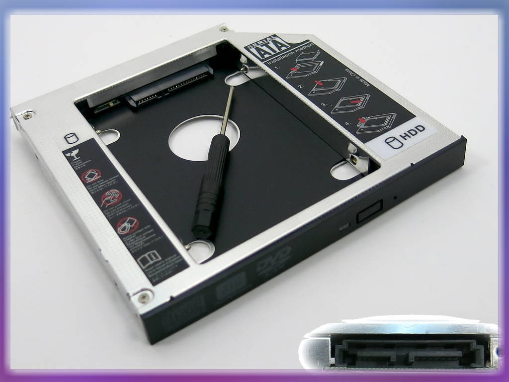 

Карман-адаптер для установки жесткого HDD 2.5" SATA в отсек mSATA DVD-RW привода 12.7mm. Оптибей (optibay),