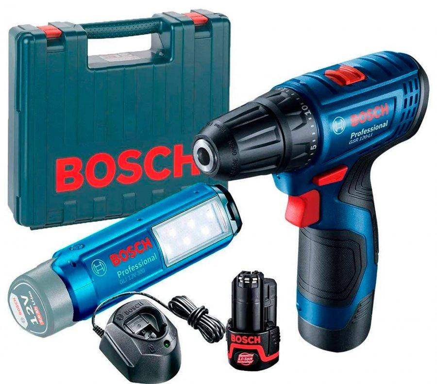 

Аккумуляторная дрель-шуруповерт Bosch GSR 120-LI + GLI 12V-300 (12 В, 2 А/ч) (06019G8004)