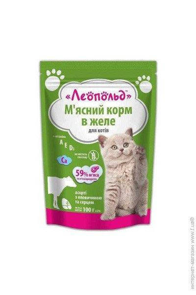 

Леопольд д/кот 100гр пауч в желе Асорті з яловичиною та серцем (пауч)