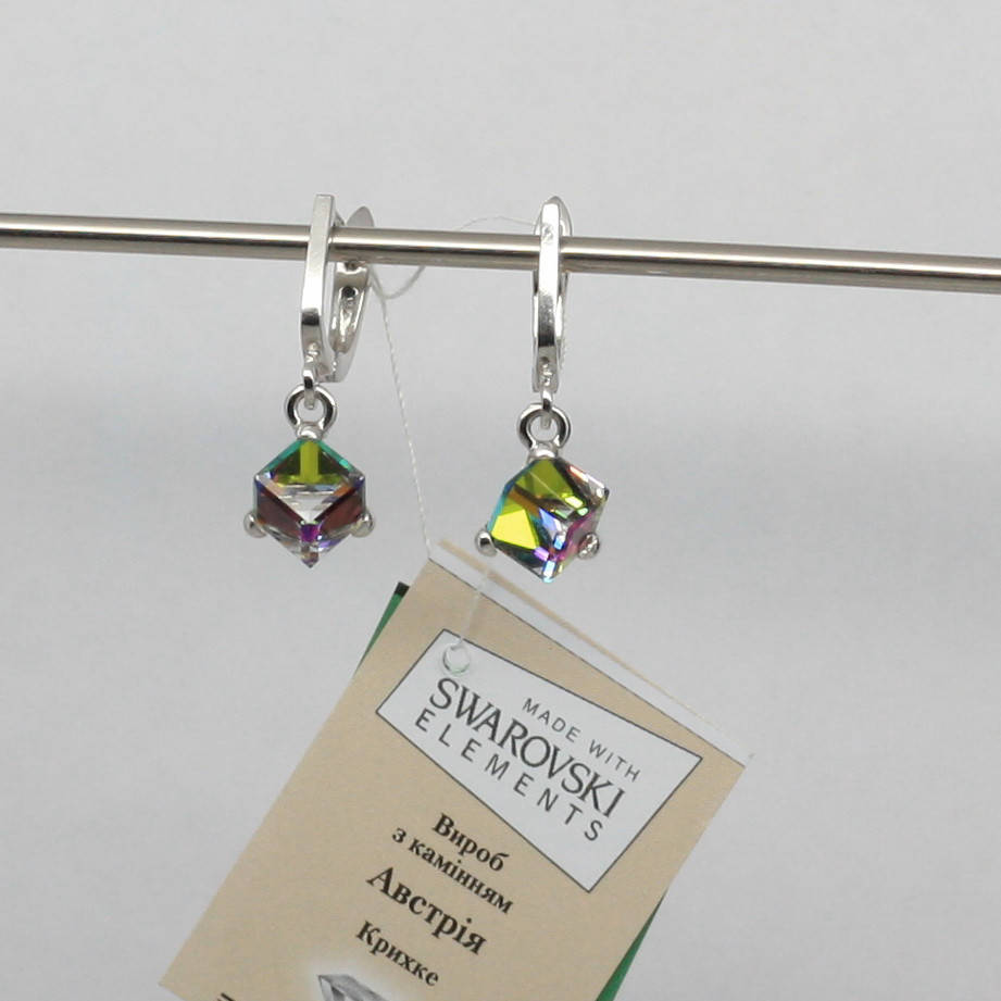 

Серьги серебряные "Swarovski Куб Д6" Vitrail Medium - Бензин родированные