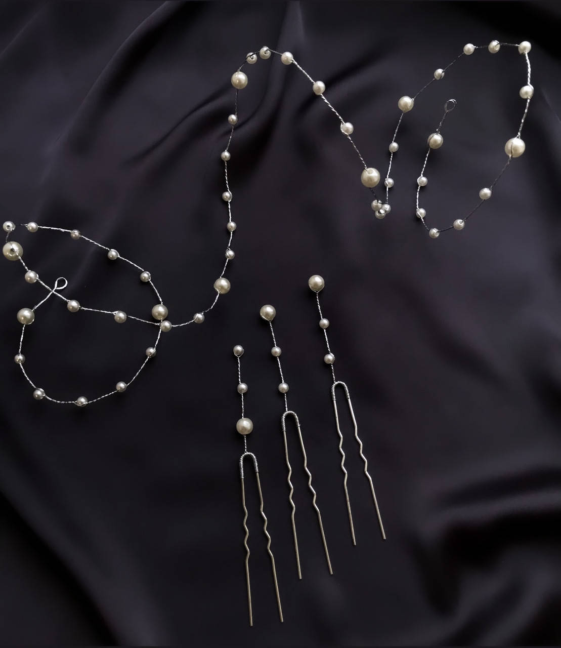 

Набор украшений в свадебную прическу, цвет: серебро (длина проволочки с жемчугом 1м, длина шпилек - 12см), Белый