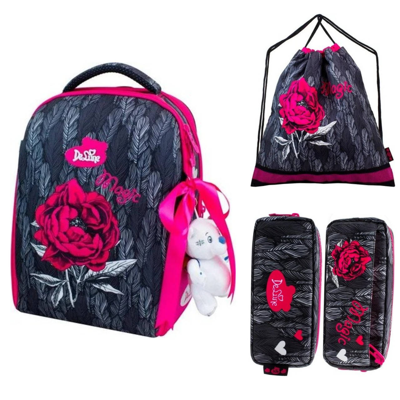 

Ранец школьный DeLune 7-149 Цветок набор (пенал, сумка, брелок), Серый