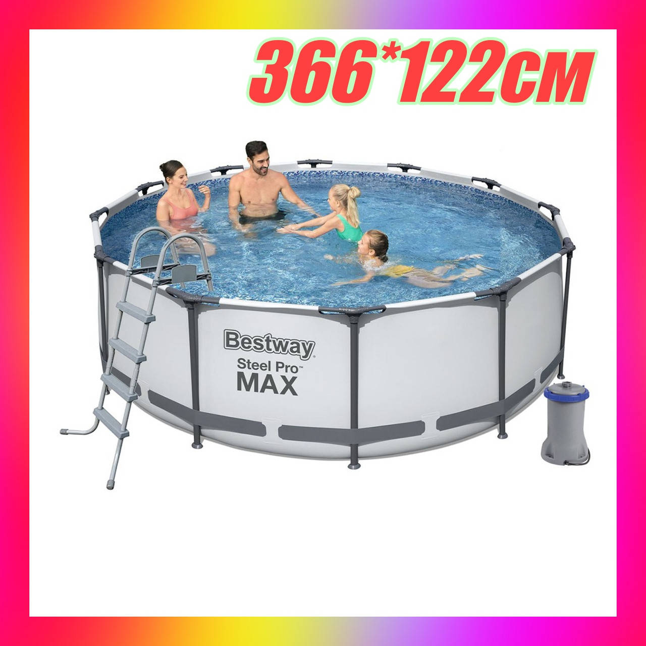 

Семейный каркасный круглый бассейн Bestway 56420 с лестницей, фильтр-насосом и тентом (366х122 см) + подарок