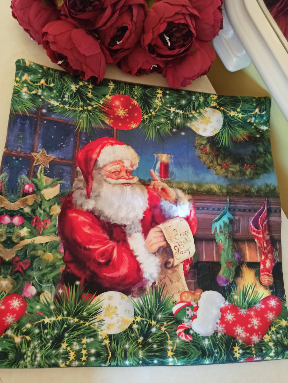 

Новогодний чехол для диванной подушки, замша-ткань велюр, 45 * 45 см.