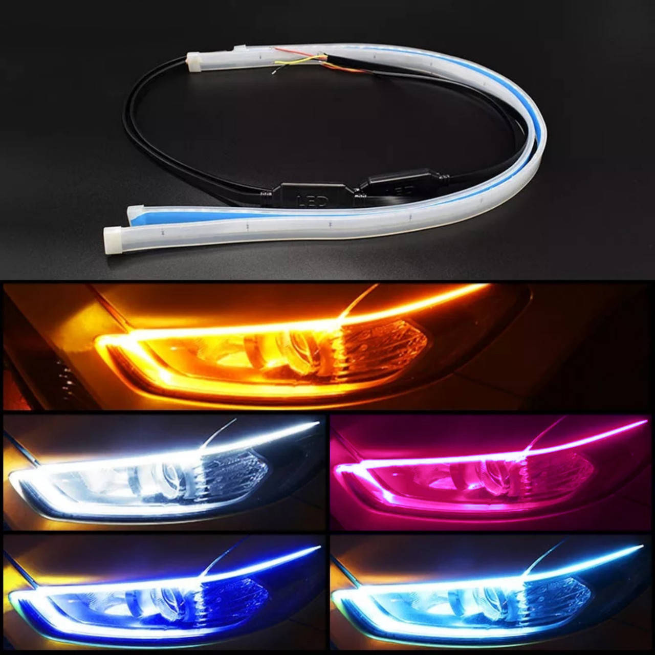 

Синий + Желтый Led гибкие ходовые огни с бегущим поворотом ДХО 60см