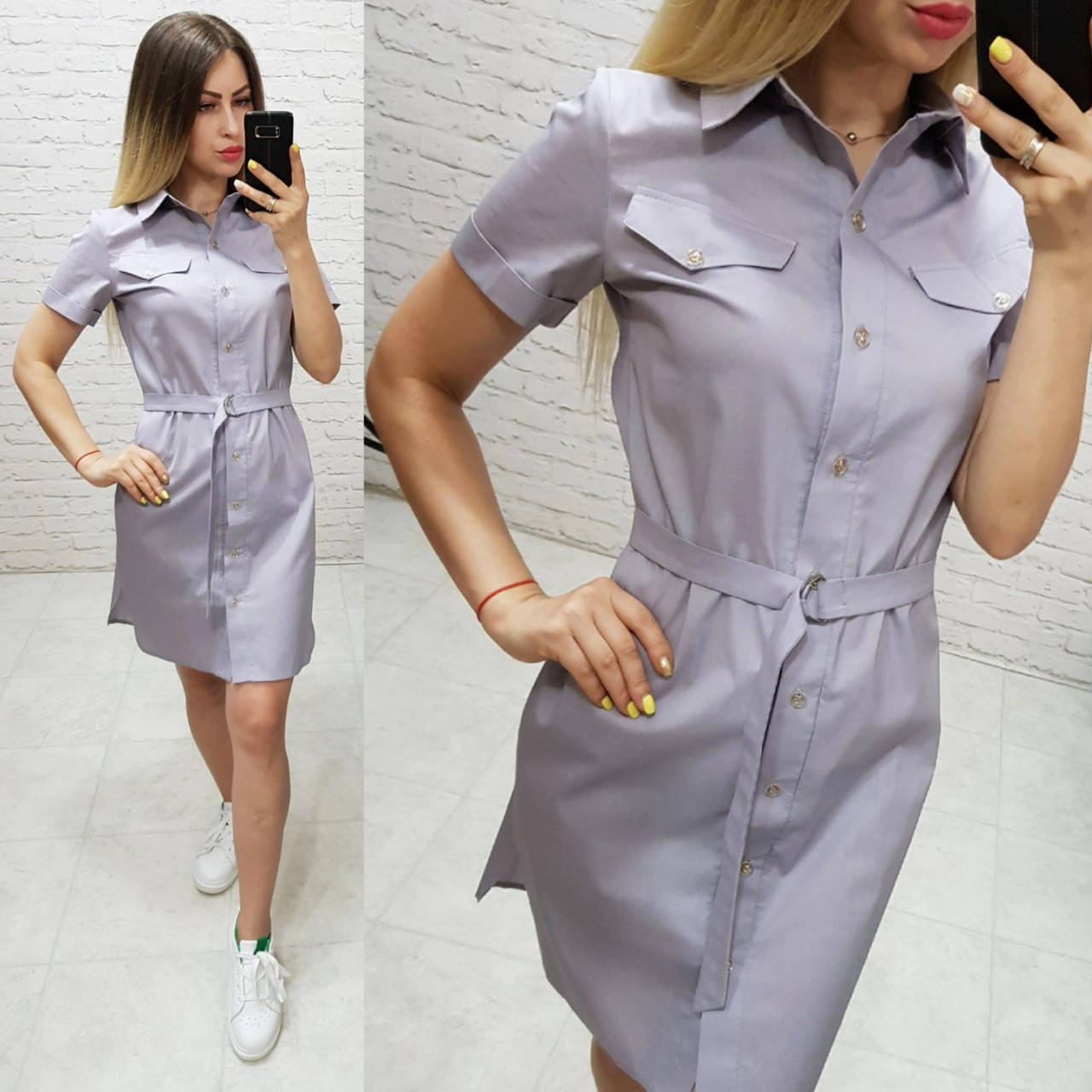 

Платье- рубашка с поясом средней длины, арт 171, цвет серая 44