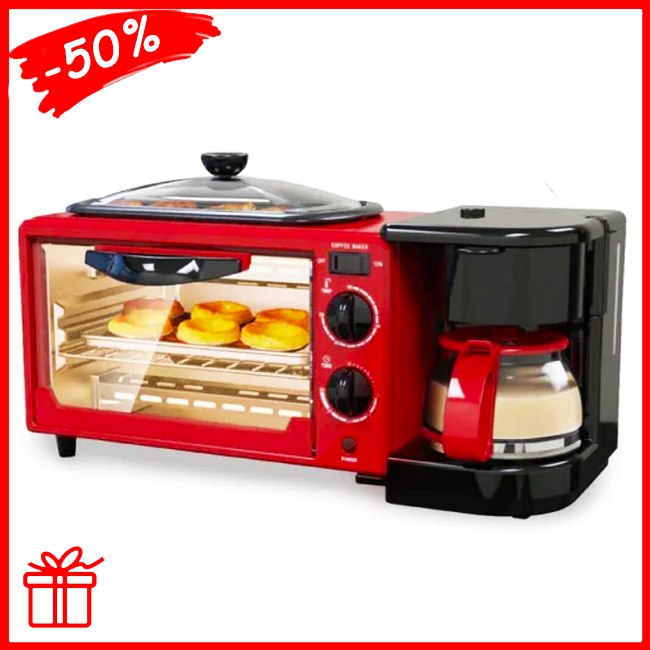 

Электрическая духовка для завтраков с кофеваркой и сковородой Haeger HG-5308 3в1 45*20*18см