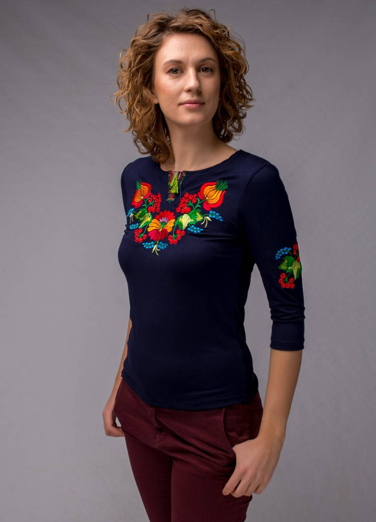 

Женская вышиванка Петриковская на темно-синем, рукав 3/4, Синий