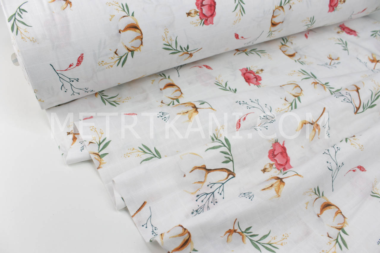 

Муслин 100% хлопок "Цветы хлопка" на белом № 3-116, Разные цвета