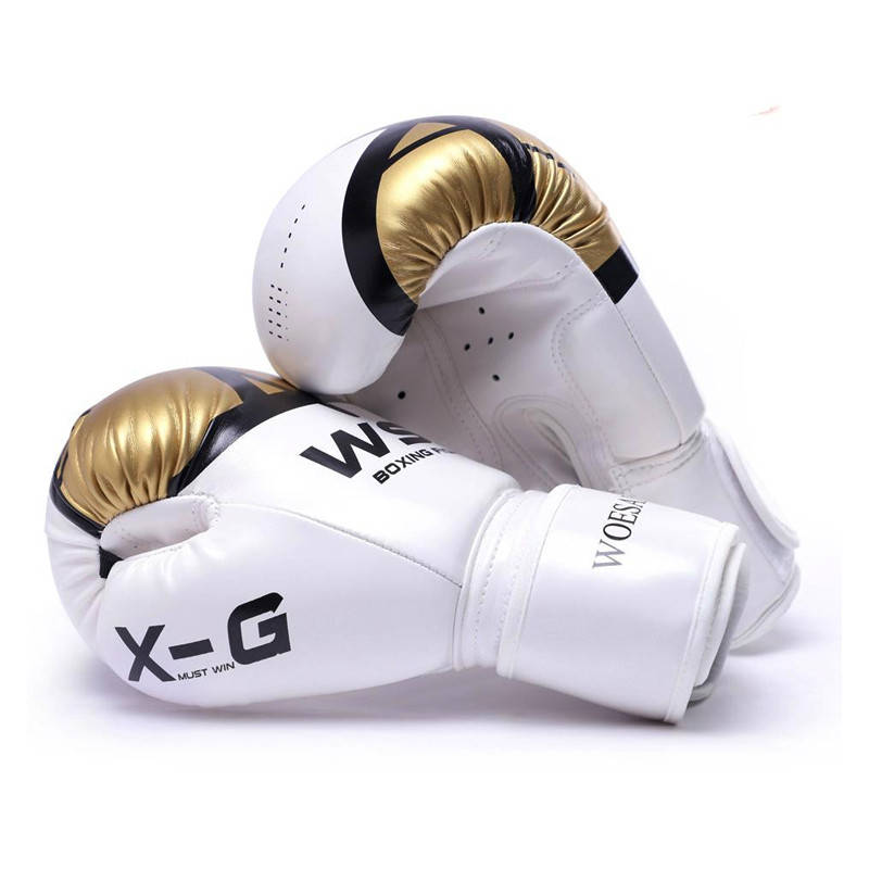 

Перчатки для бокса кикбоксинга размер 6Oz, запястье ширина 6.5 длина 16см, бело-золотые, Белый