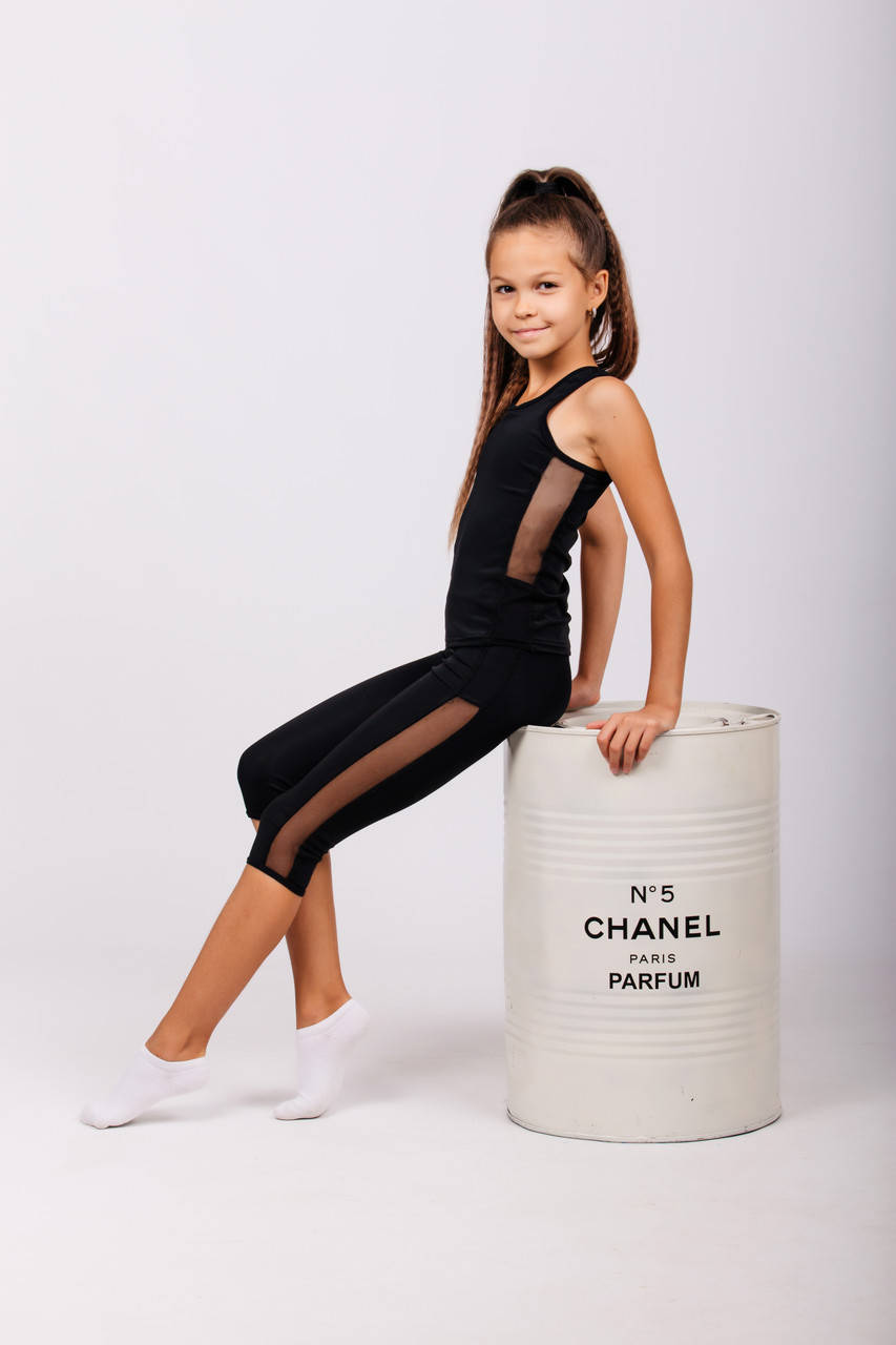 

Лосины и майка со вставками из сетки для девочки для спорта, Черный