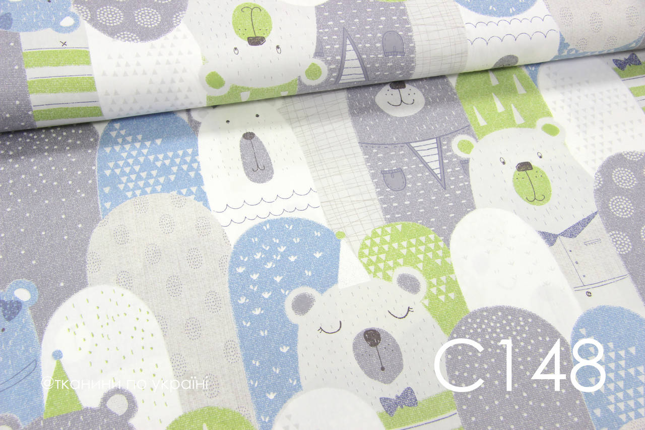 

Ткань сатин Медведи мордочки зеленые, Зелёный