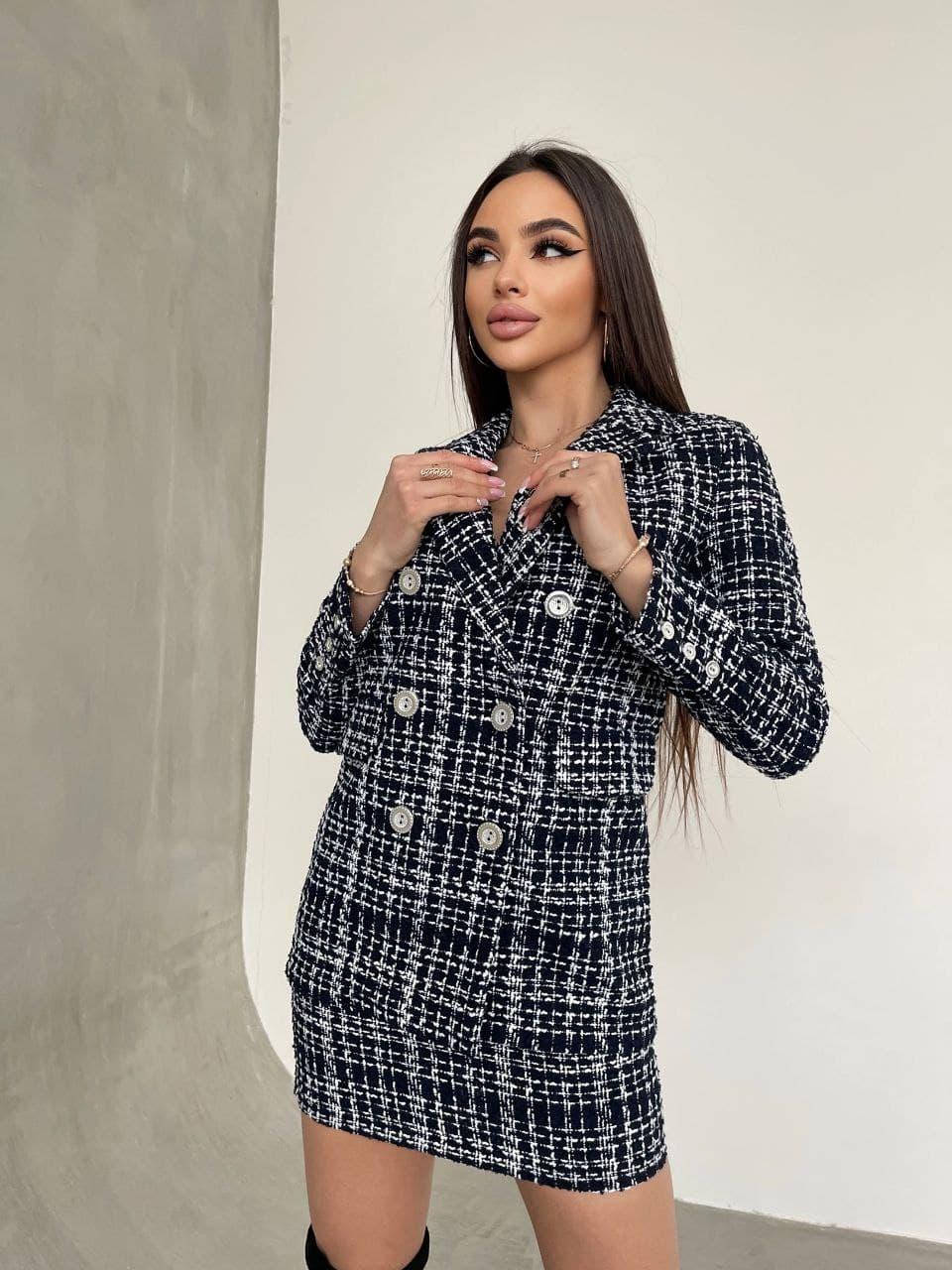 

Стильный женский твидовый костюм: юбка мини и пиджак черный, L-XL