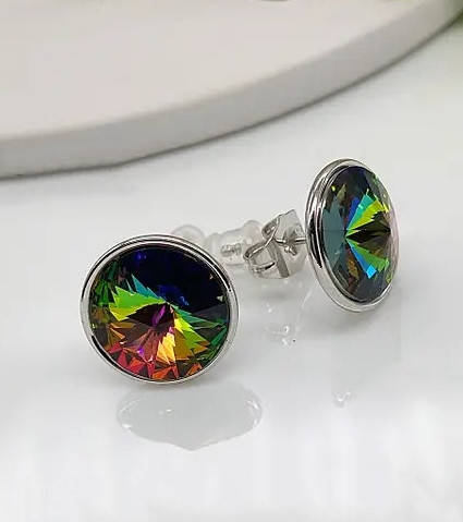 

Красивые женские сережки из медицинского сплава, родий, Swarovski. Медзолото