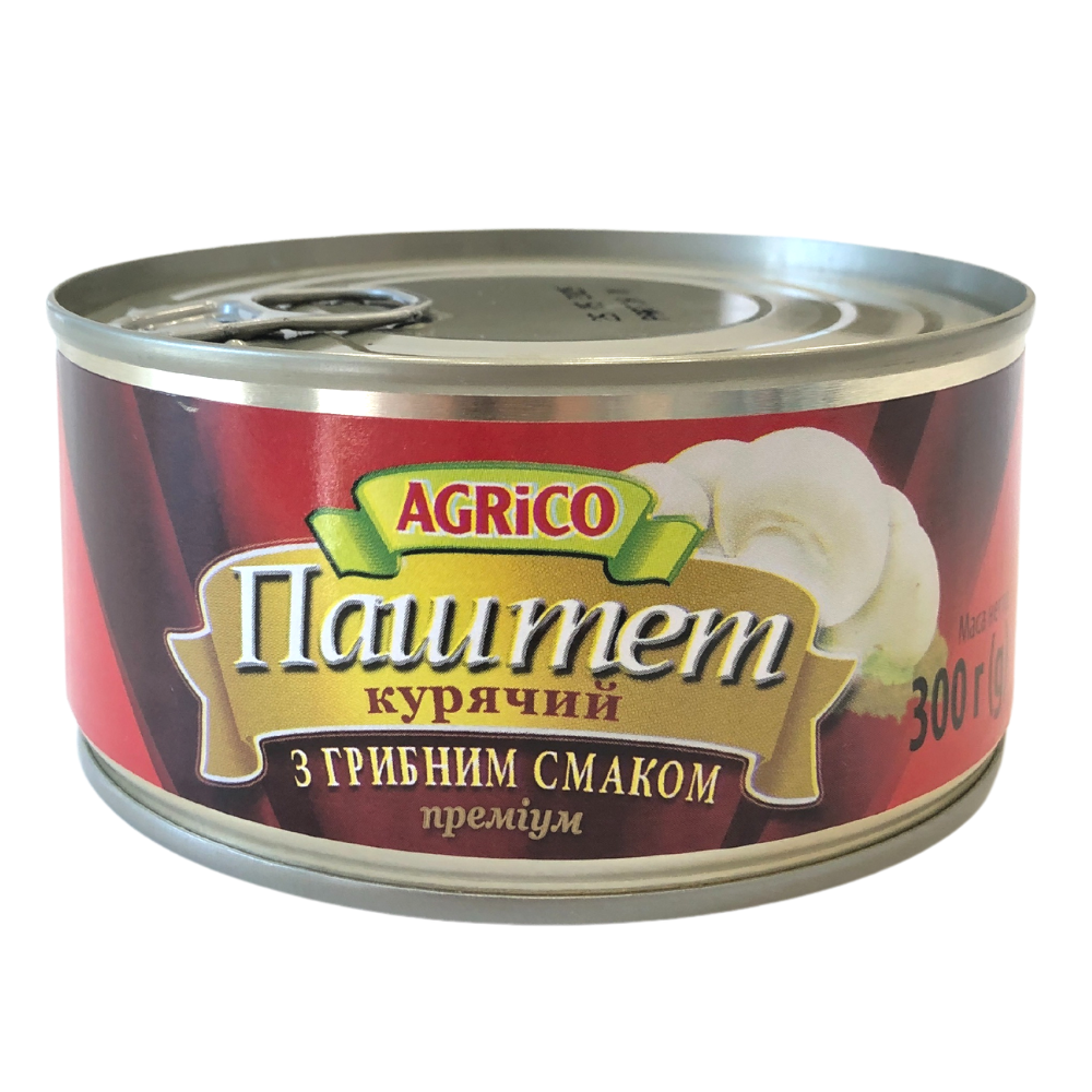 

Паштет из курятины с грибами Agrico жестяная банка 300 г, 18шт/ящ