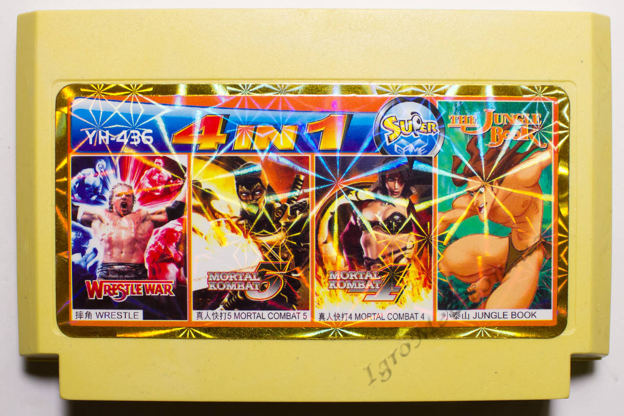 

Картридж денди 4 в 1 Jungle Book, Mortal Kombat 4, 5, Wrestle War