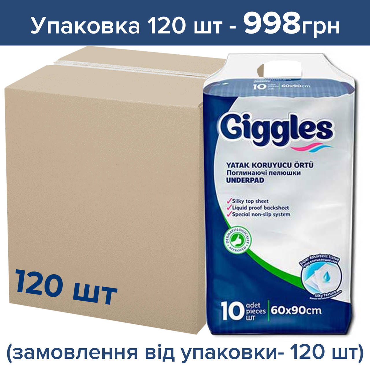 

Гигиенические пеленки Giggles 60*90 (120 шт) цена за 1 шт (заказ кратно 30 шт )