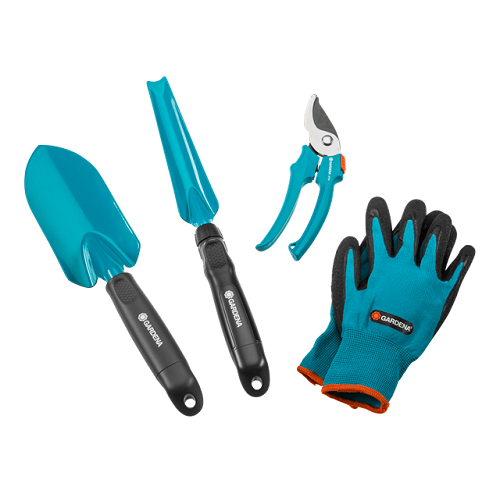 

Набор ручного садового инструмента Gardena: совок для посадки, совок для сорняков, секатор и рабочие перчатки