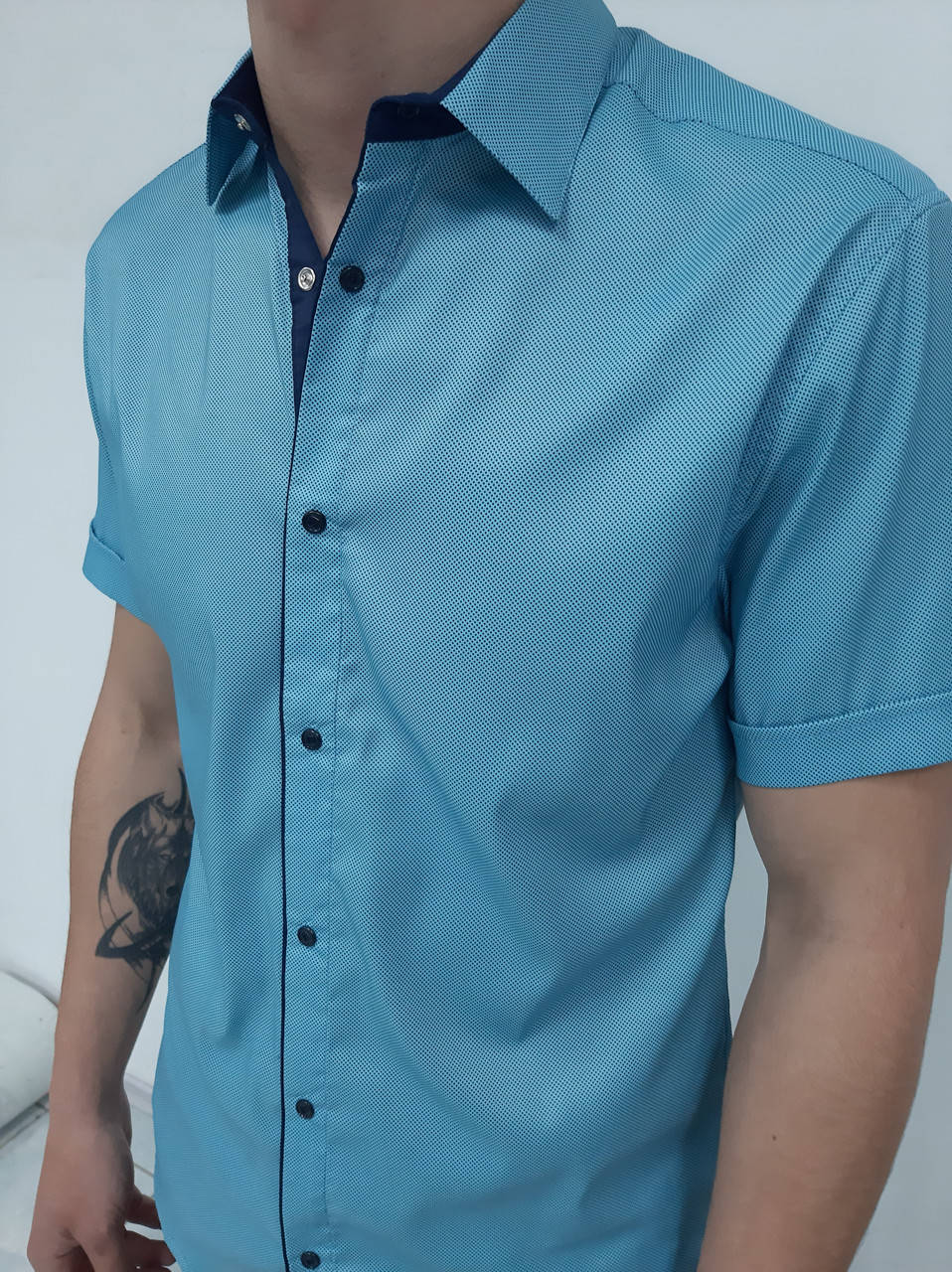 

Мужская рубашка (шведка), приталенная, на кнопках, хлопок с добавлением шёлка, цвет бирюзовый