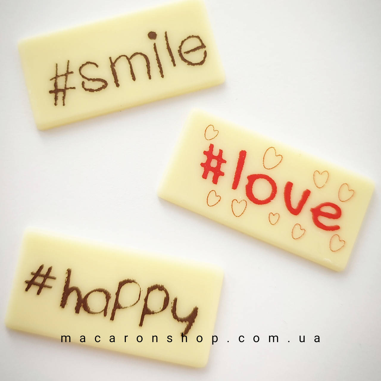 

Шоколадный декор Хэш-теги happy, love. smile, Белый