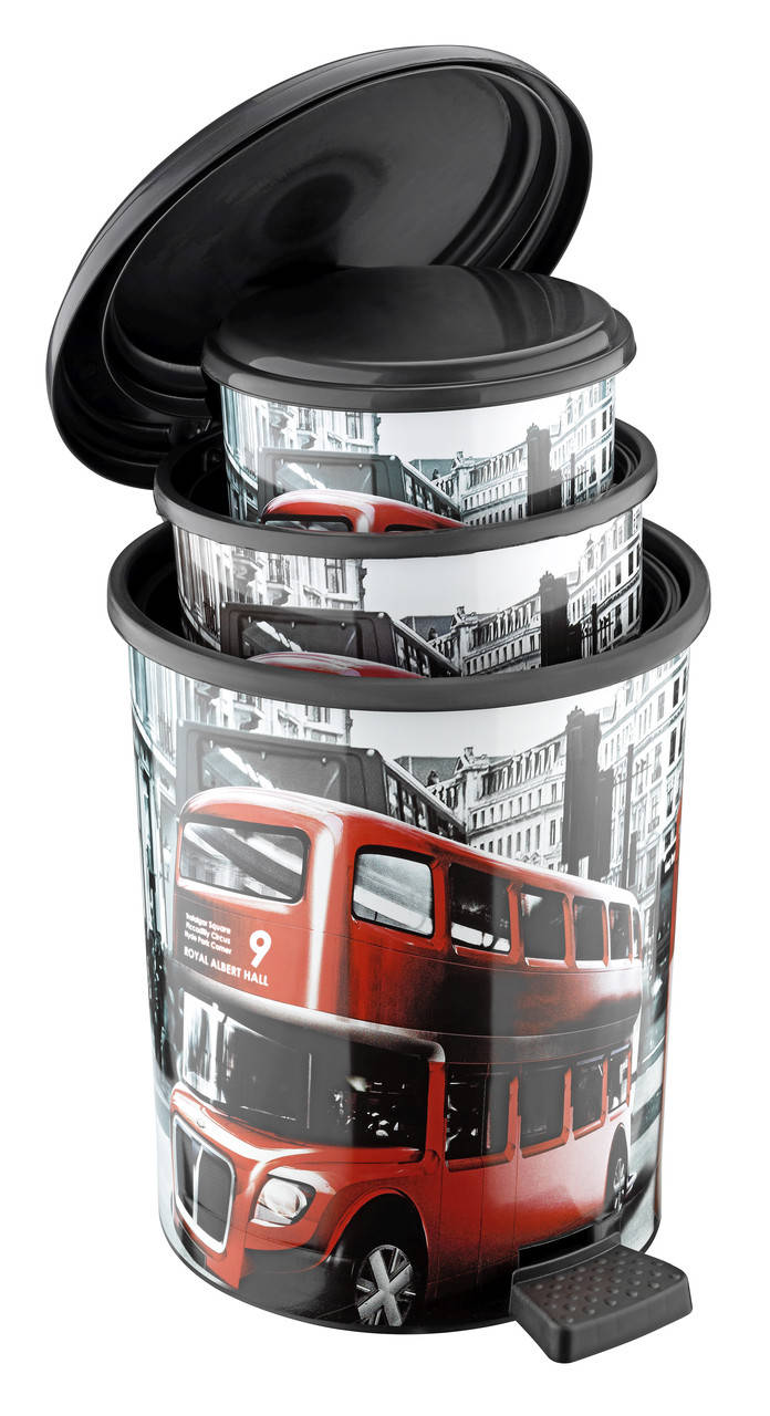 

Набор 3-пр. круглых вёдер для мусора с педалью с рисунком Лондон (11 л.+17л.+24л.), Elif Plastik Турция Е-370, Красный