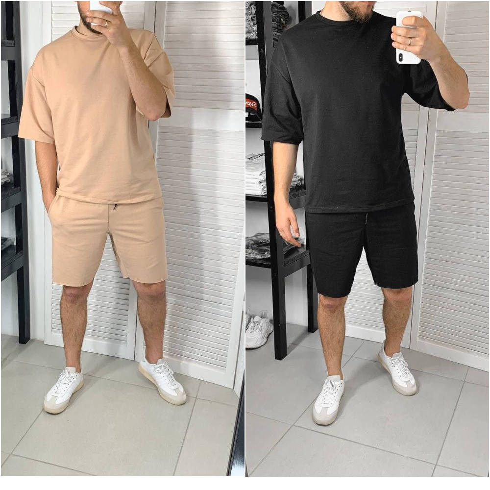 

Мужской базовый комплект шорты футболка черный и бежевый Турция, Мужские шорты и футболка комплектом хлопок