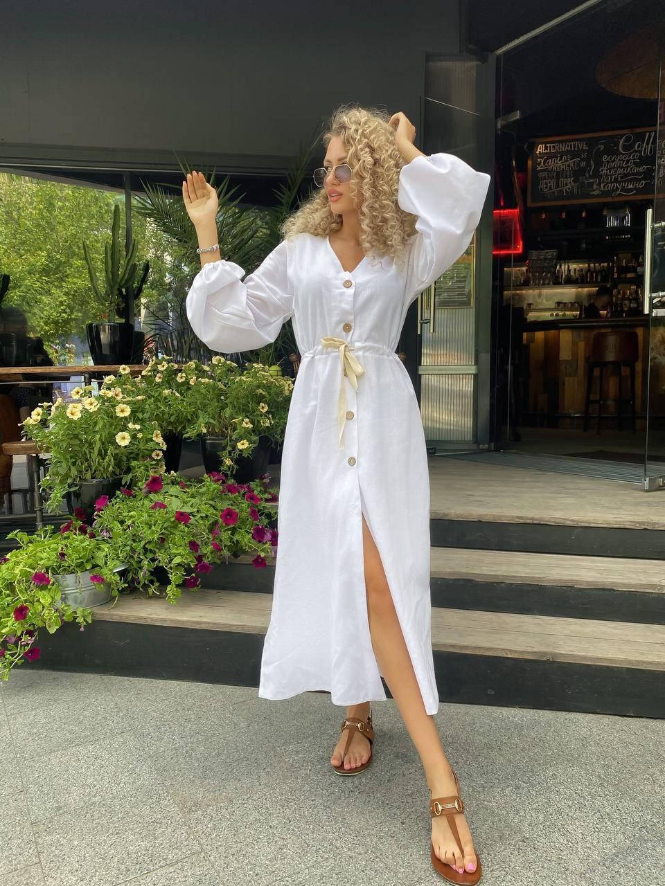 

Женское льняное белое платье / сарафан с длинным рукавом, однотонное (натуральный лён)