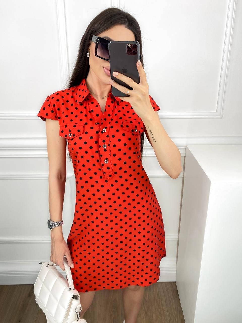 

Туника рубашка женская красная в горошек 618/1 48, Красный